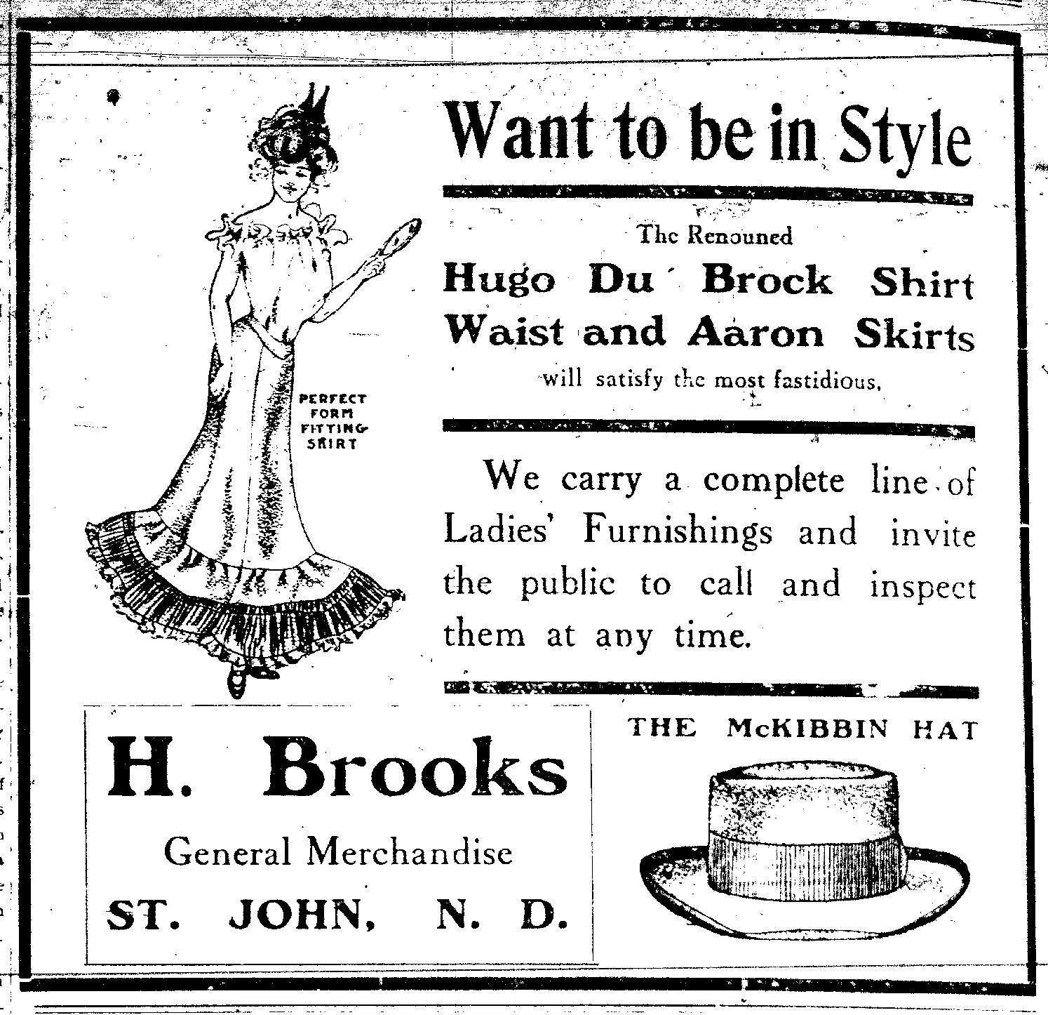 Image of Newspaper Advertizement for Hubert Brooks General Store from St John ND paper Mar 25, 1909 St. John Tribune